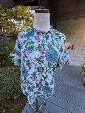 Banjanan Klara Flora Ruffle Neck Blouse in Blue & Pink